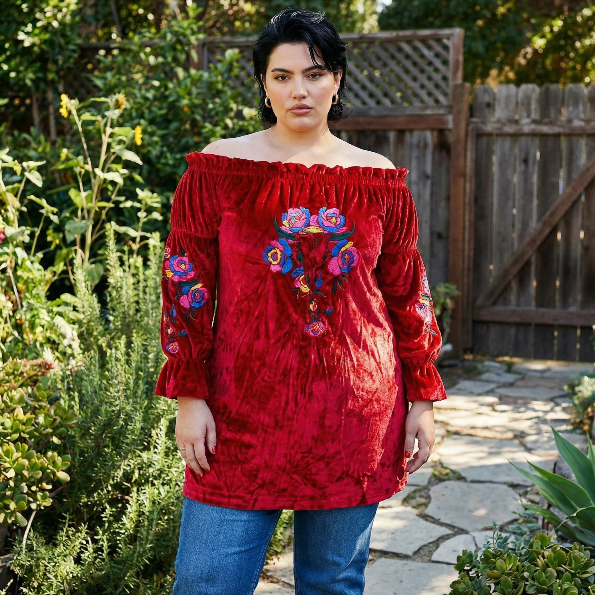 Rio Grande Embroidered Velvet Tunic Dress in Red [Size SM Remaining] by The Bullish Store