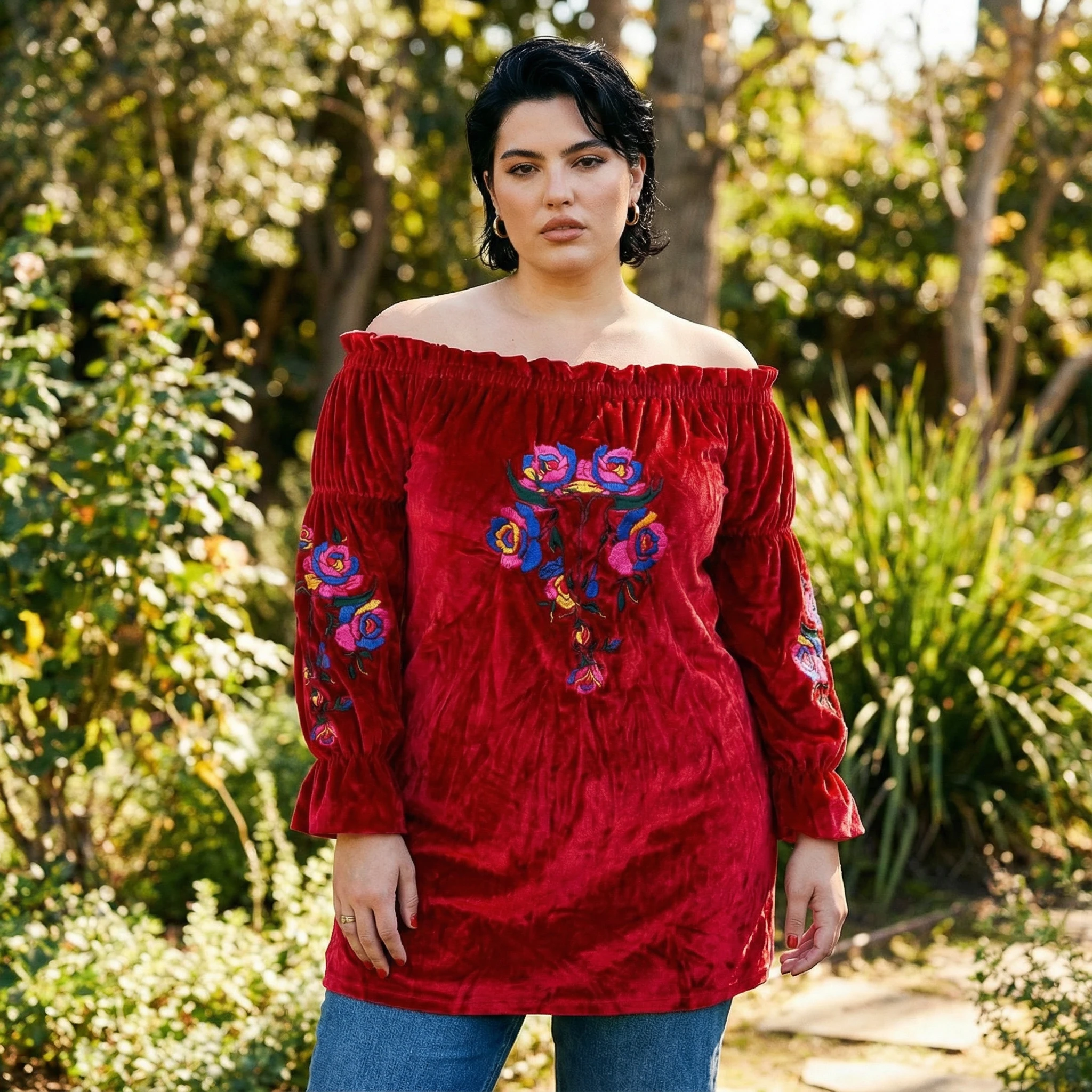 Rio Grande Embroidered Velvet Tunic Dress in Red [Size SM Remaining] by The Bullish Store