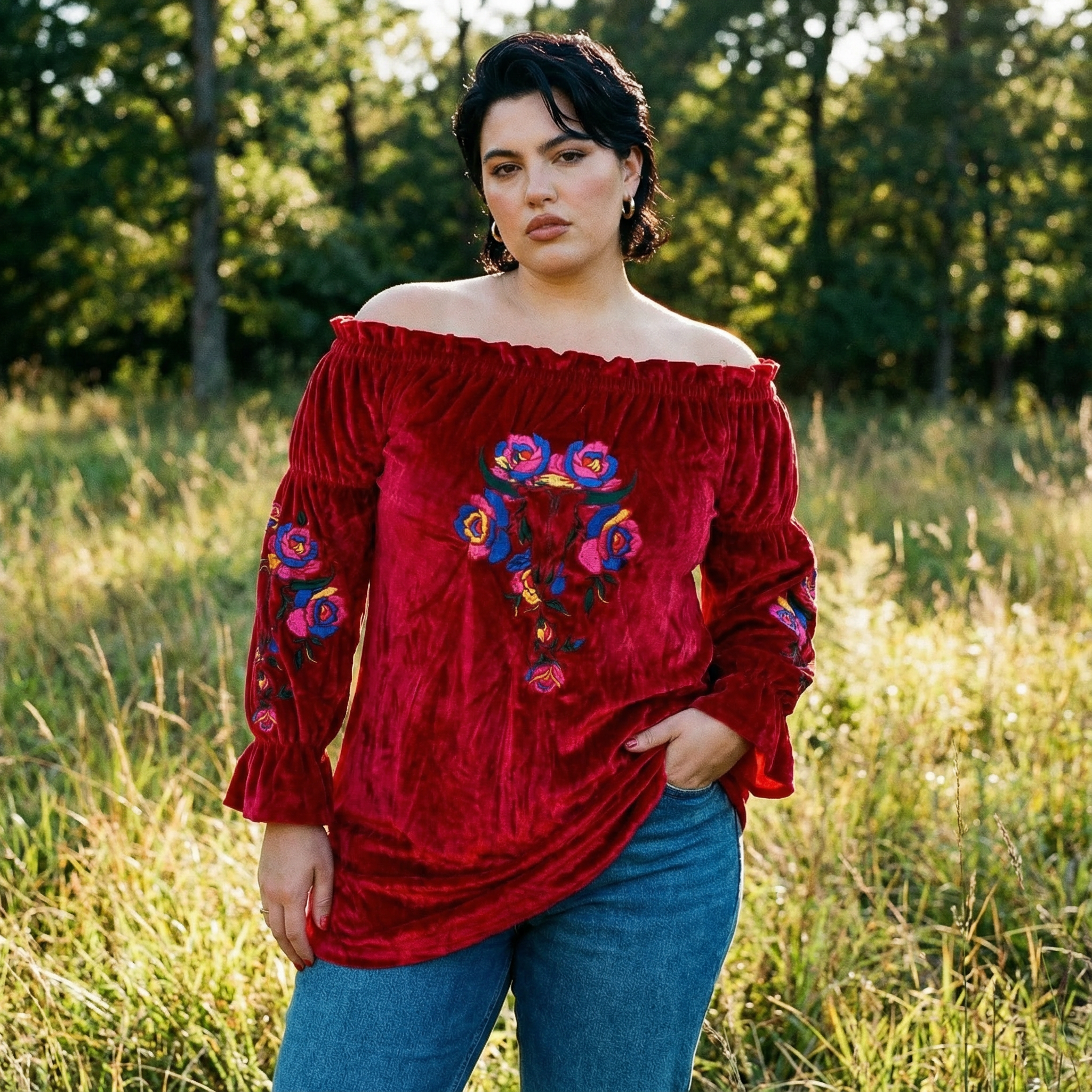 Rio Grande Embroidered Velvet Tunic Dress in Red [Size SM Remaining]
