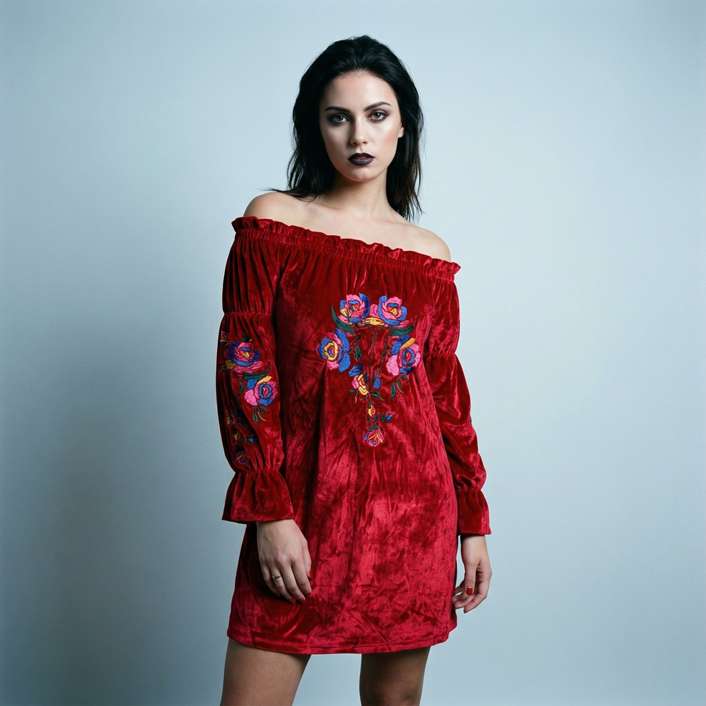 Rio Grande Embroidered Velvet Tunic Dress in Red [Size SM Remaining]