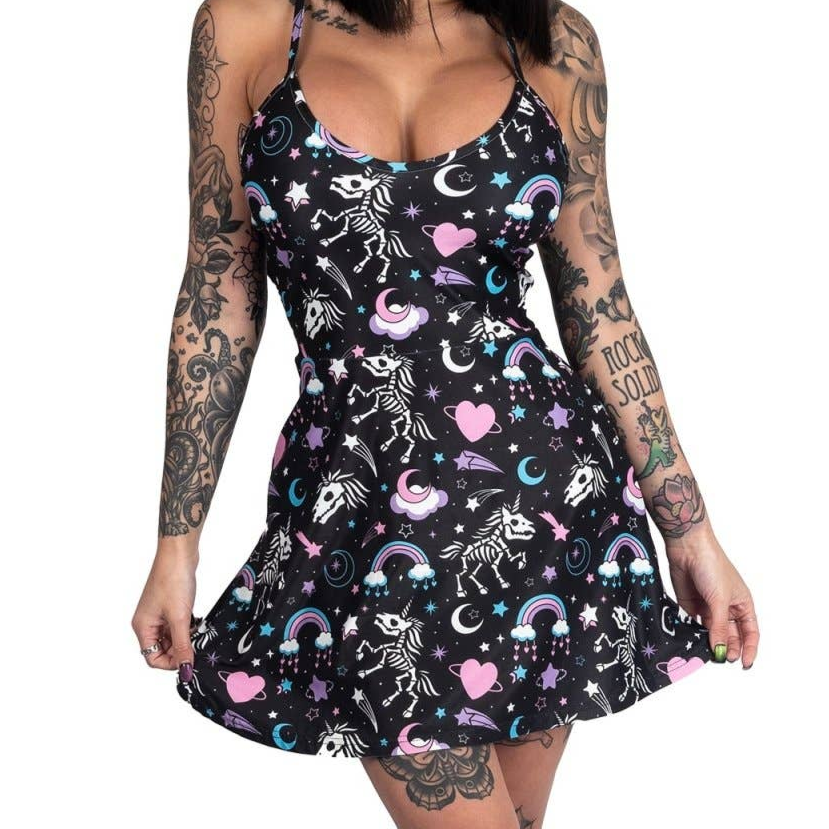 [S-3XL] Gothic Skeleton Unicorns Skater Dress | Halloween Fall Mini Dress