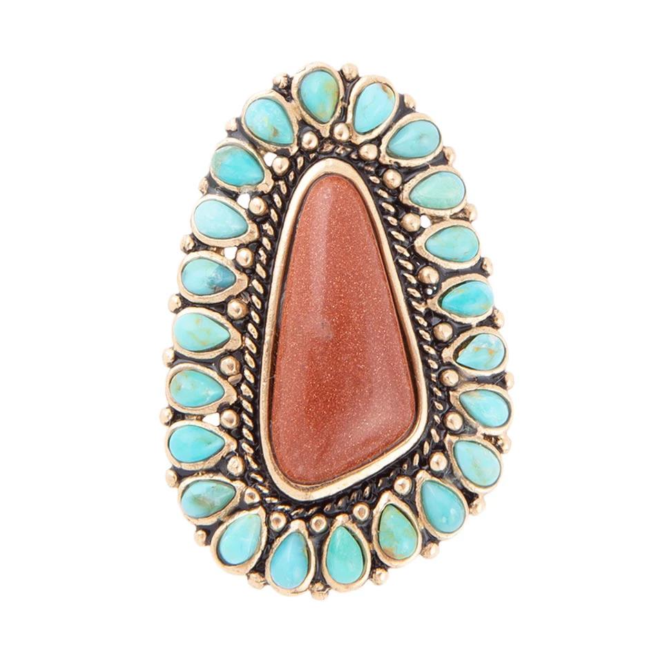 Sedona Blue Turquoise Orange Goldstone Golden Statement Ring by Barse Jewelry