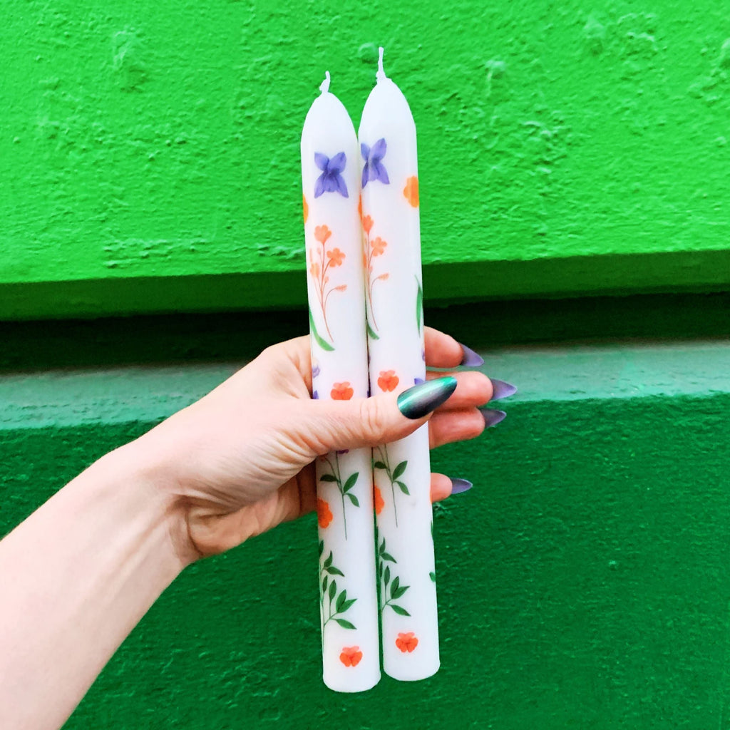 Set of 2 Boho Flowers Tapered Candle  | Aesthetic Unscented Table Decor Floral Candle Sticks