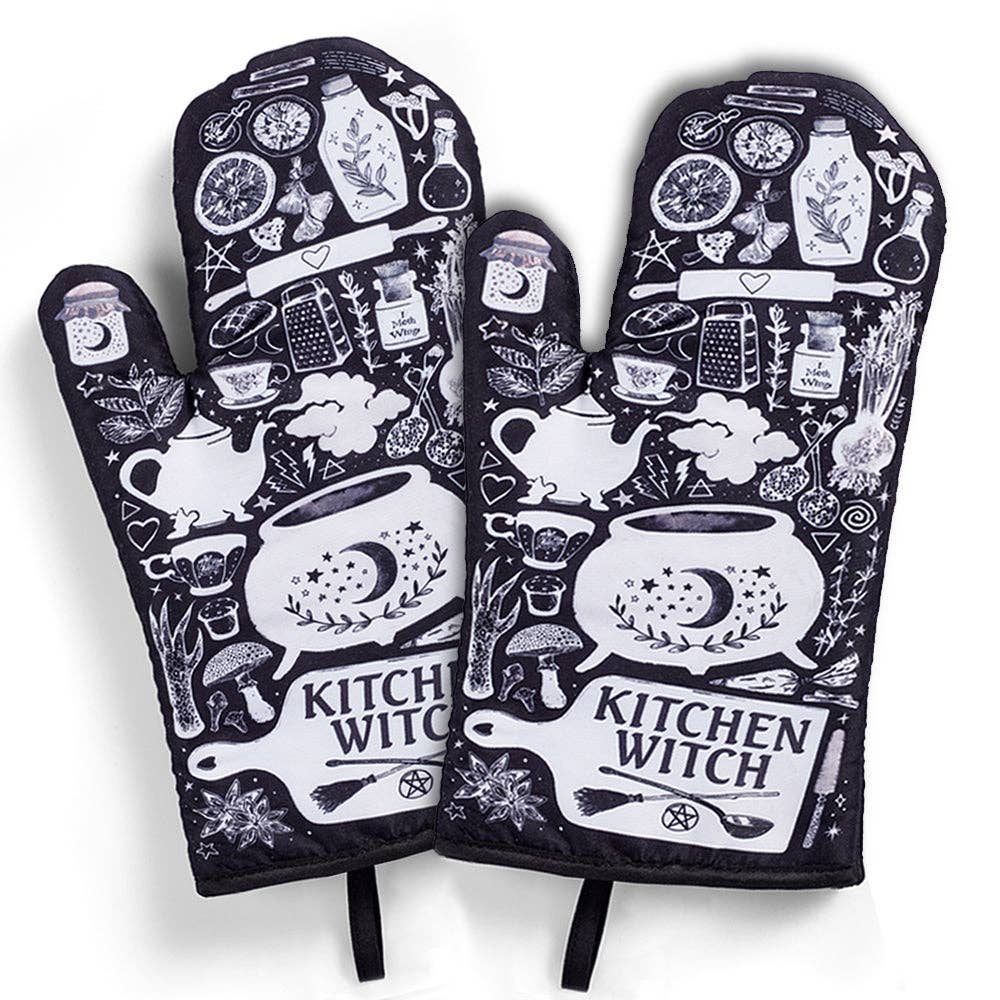 Set of 2 Kitchen Witch Oven Mitt | Pot Holders Hanging Oven Gloves Set by The Bullish Store