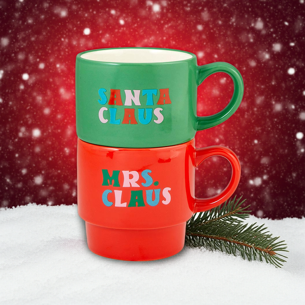 Set of 2 Santa and Mrs. Claus His and Hers Stacking Mug Set | Couple Gift