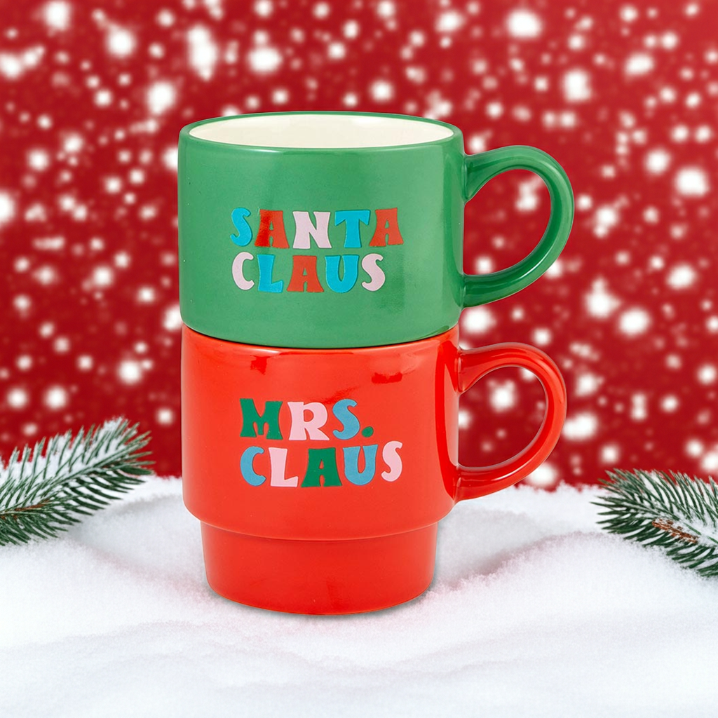 Set of 2 Santa and Mrs. Claus His and Hers Stacking Mug Set | Couple Gift