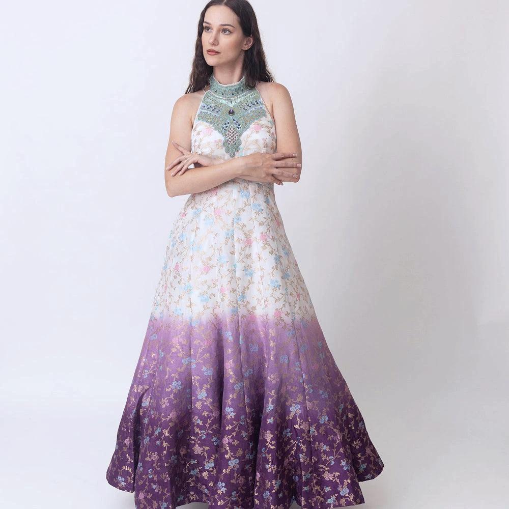 Maria Shaded Banarasi Jacquard Dress with Hand Embroidered Torso by Raas