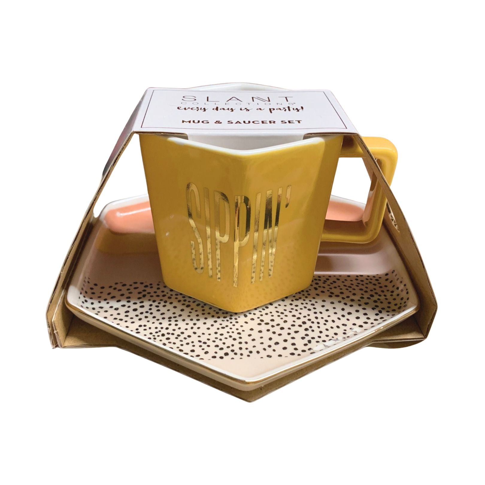 Sippin' Hexagon Mug and Saucer Set in Peach, Black Dot, and Honey | Gift for Her