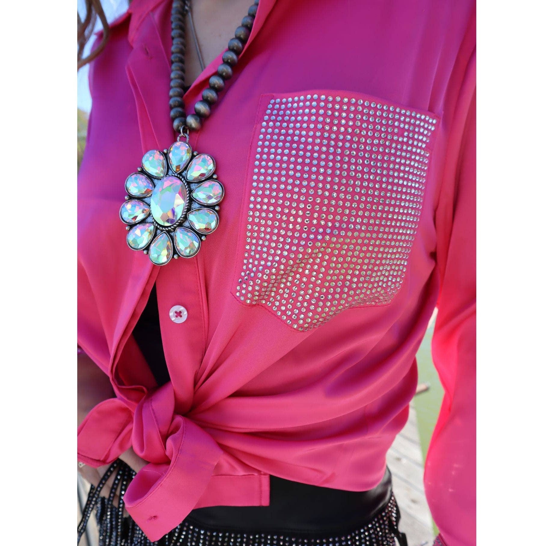 [Size 1X-3X] Dolly Duo Satin Button Up Blouse w/ Rhinestones | Western Cowgirl Plus Size Shirt