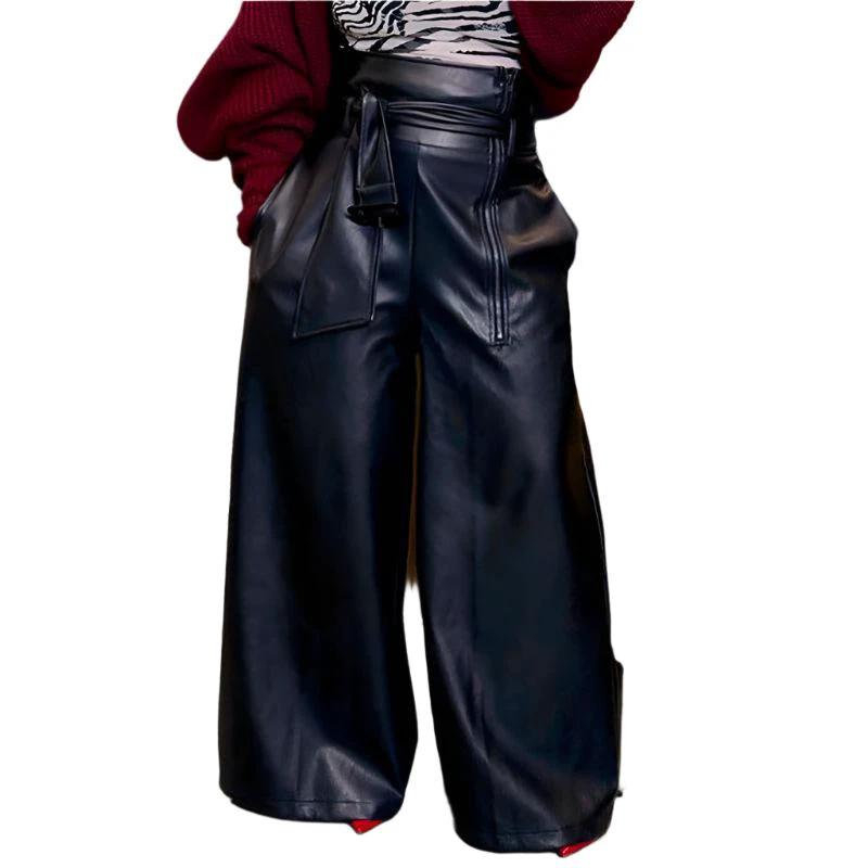 [Size 2X Remaining] Faux Leather High Waisted Wide Leg Belted Solid Color Zipper Pants Trousers in Black by The Bullish Store