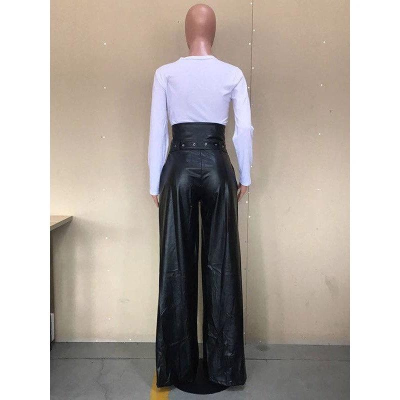[Size 2X Remaining] Faux Leather High Waisted Wide Leg Belted Solid Color Zipper Pants Trousers in Black by The Bullish Store
