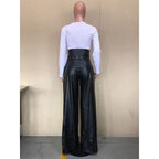 [Size 2X Remaining] Faux Leather High Waisted Wide Leg Belted Solid Color Zipper Pants Trousers in Black by The Bullish Store