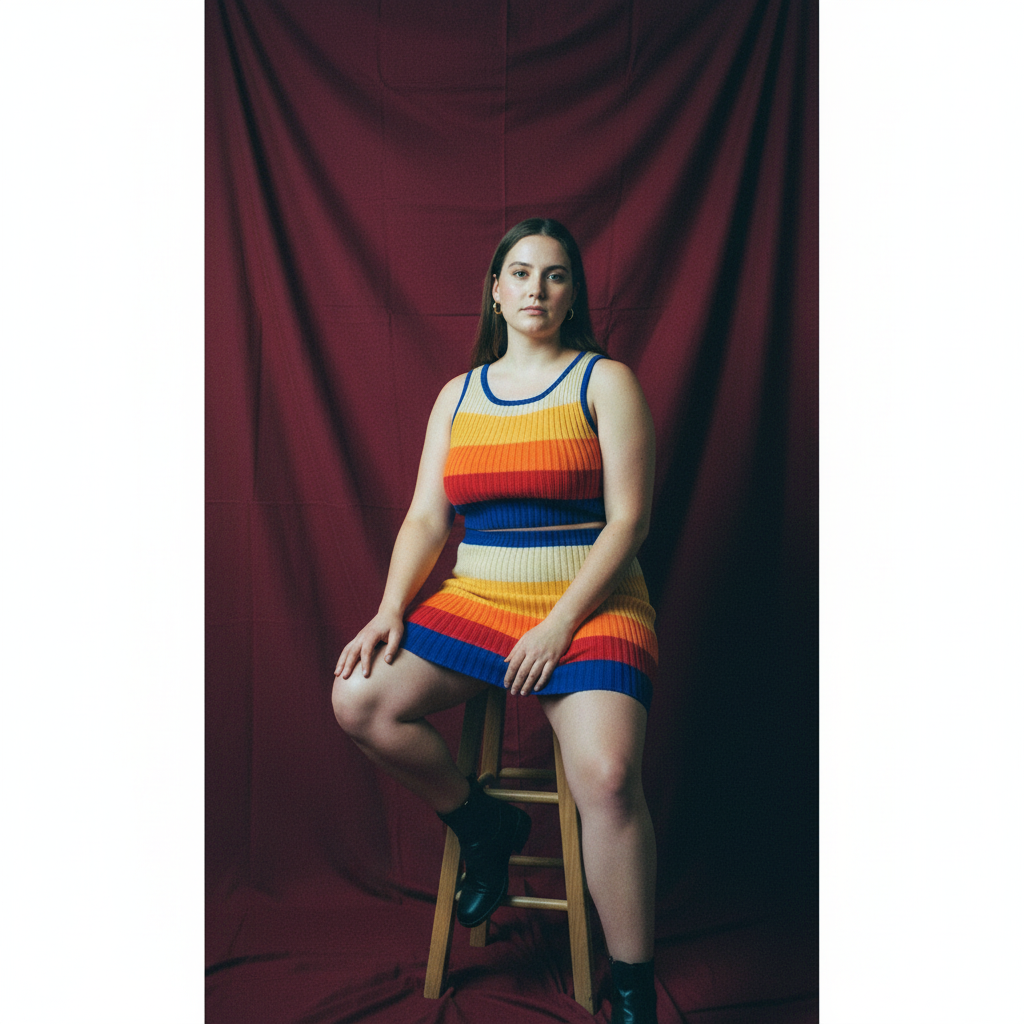 [Size XL Only] Miss Sparkling Rib Knit Set Skirt and Top | Orange and Blue Stripes