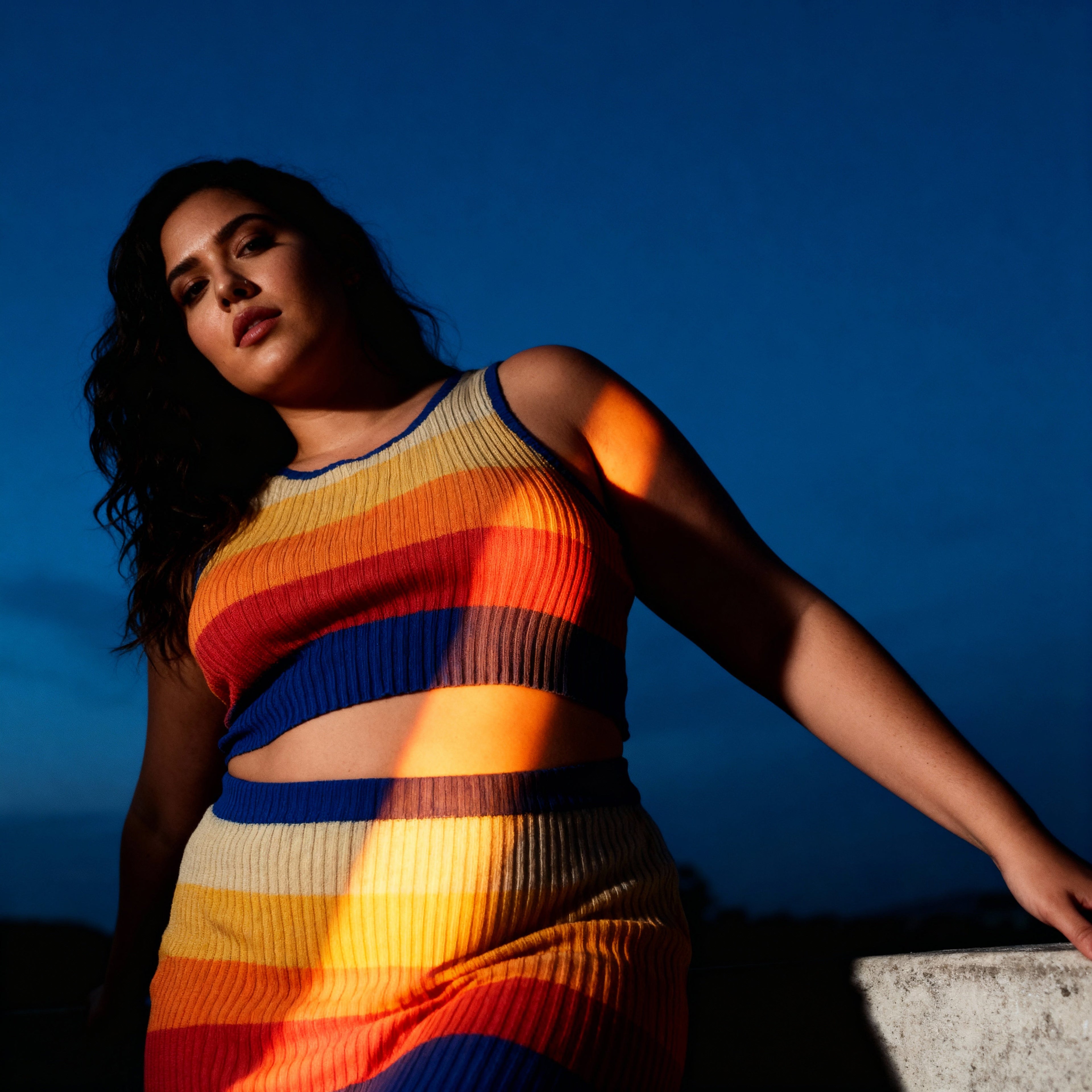 [Size XL Only] Miss Sparkling Rib Knit Set Skirt and Top | Orange and Blue Stripes