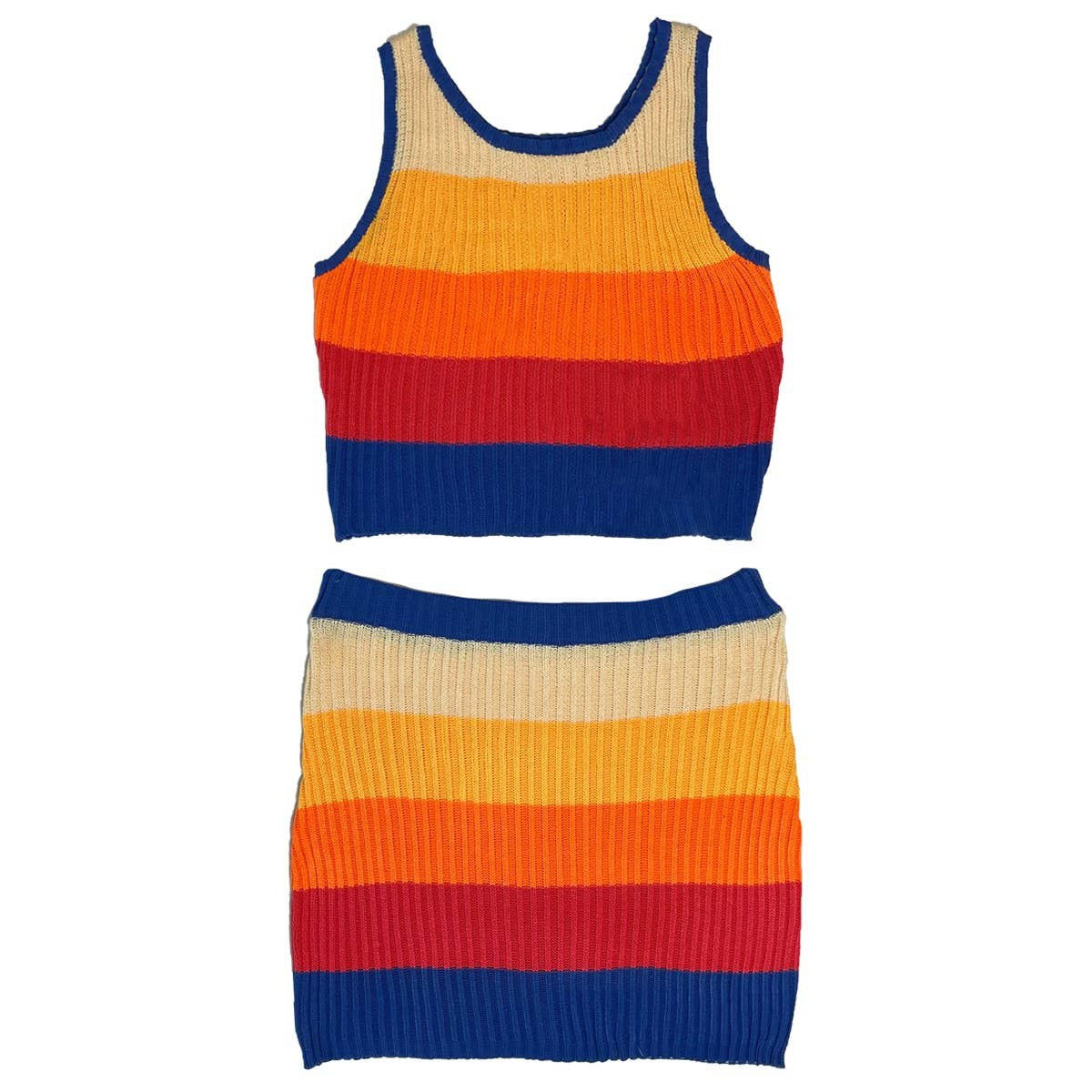 [Size XL Only] Rib Knit Set Skirt and Top | Orange and Blue Stripes