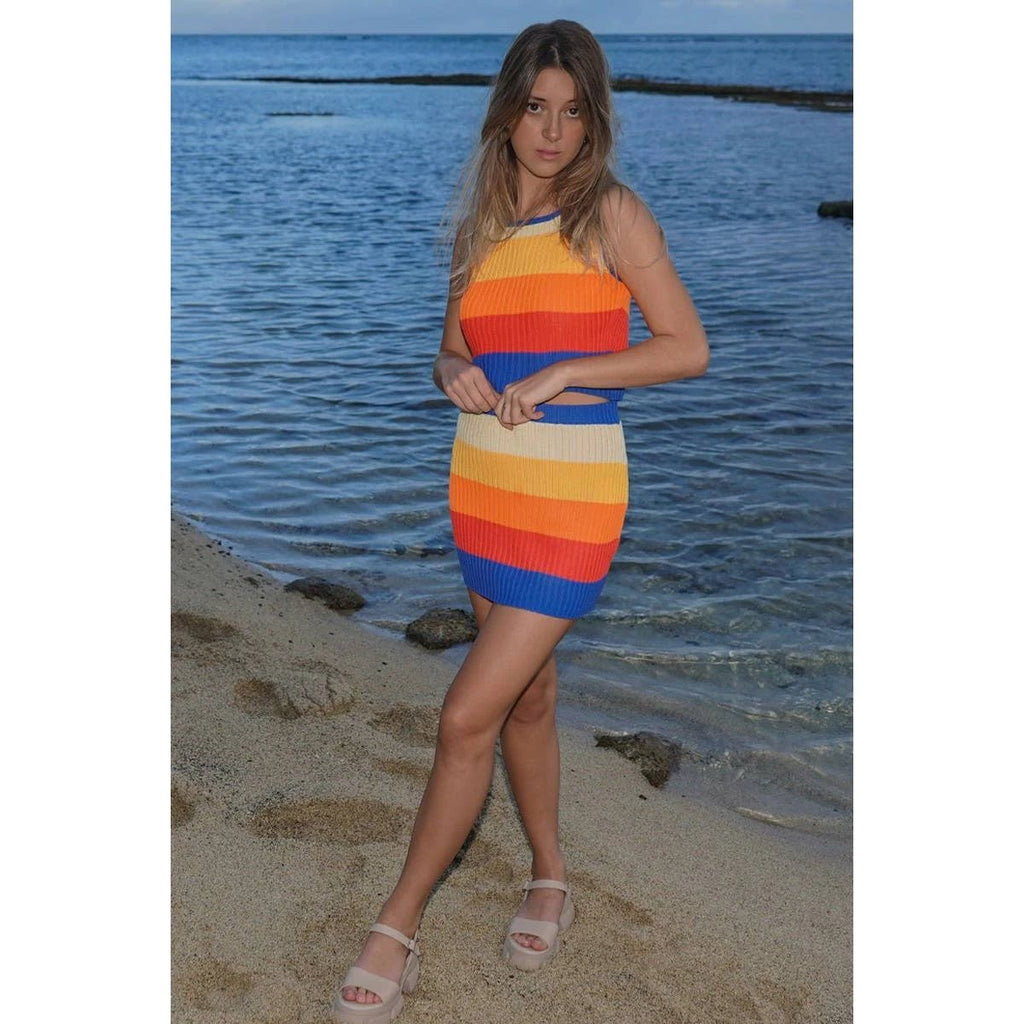 [Size XL Only] Rib Knit Set Skirt and Top | Orange and Blue Stripes by The Bullish Store