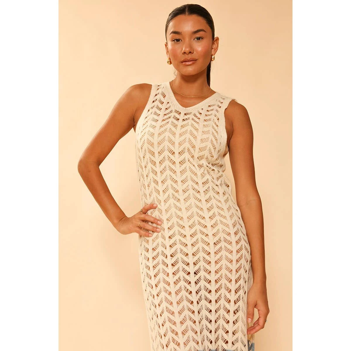 [Size XL Remaining] Cream Open Knit Color Block Cover Up | Long Swimsuit Summer Attire