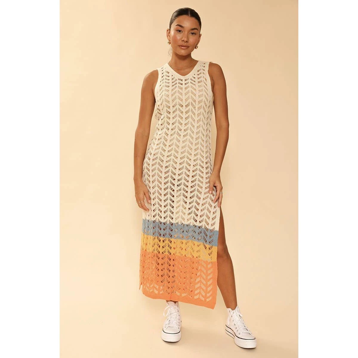 [Size XL Remaining] Cream Open Knit Color Block Cover Up | Long Swimsuit Summer Attire