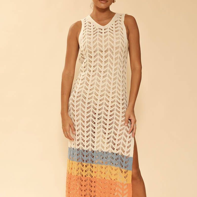 [Size XL Remaining] Cream Open Knit Color Block Cover Up | Long Swimsuit Summer Attire