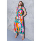 [Sizes SM-L] Floral Printed Woven Midi Dress in Teal Orange | Ruffled V Neckline Mid Calf by The Bullish Store