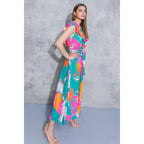 [Sizes SM-L] Floral Printed Woven Midi Dress in Teal Orange | Ruffled V Neckline Mid Calf by The Bullish Store