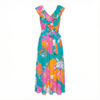 [Sizes SM-L] Floral Printed Woven Midi Dress in Teal Orange | Ruffled V Neckline Mid Calf by The Bullish Store