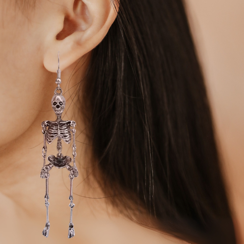 Skeleton Dangle Earrings in Silver | Anatomical Spooky Skeleton Long Halloween Earrings