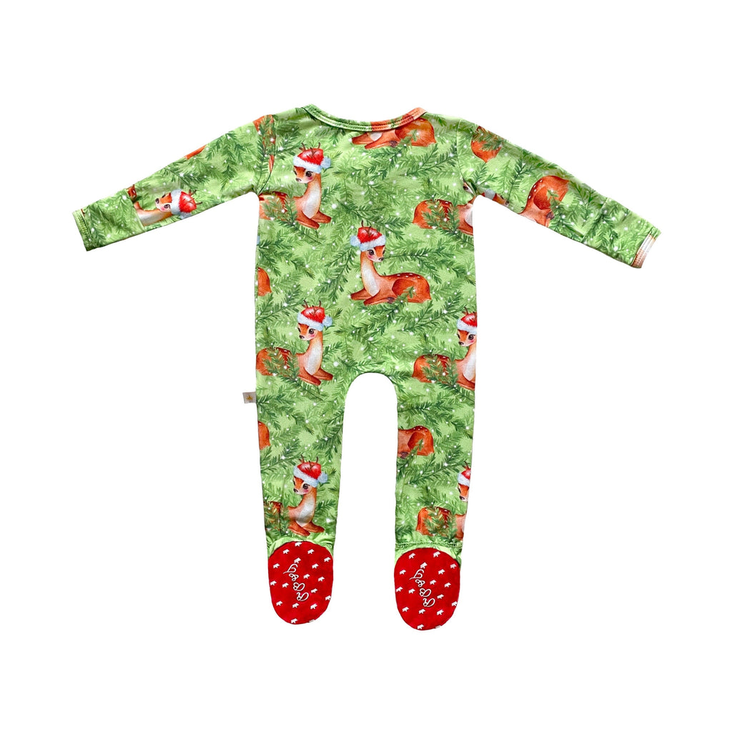 Snow Fir Tree Christmas Holiday Fawn Reindeer Long Sleeve Zip Footie