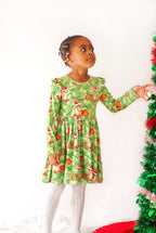Snow Fir Tree Christmas Holiday Fawn Reindeer Long Sleeve Ruffled Girls Dress