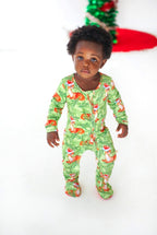 Snow Fir Tree Christmas Holiday Fawn Reindeer Long Sleeve Zip Footie