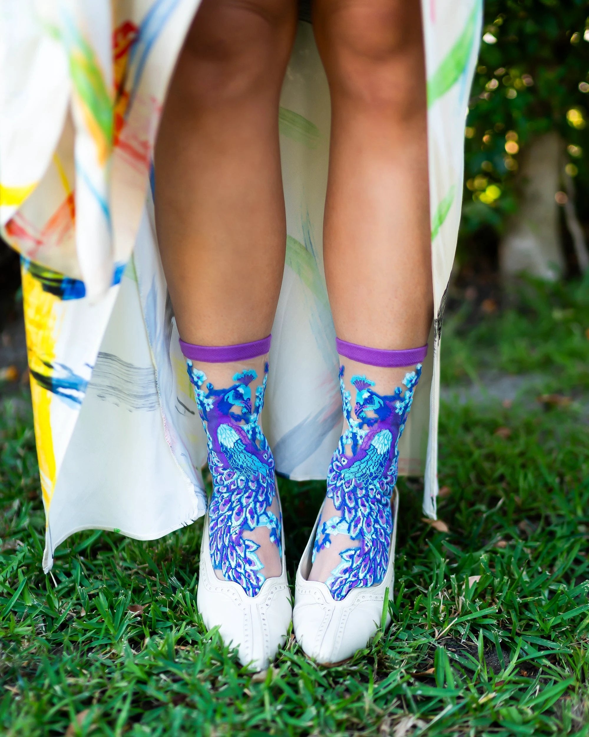 Aquamarine Peacock Sheer Crew Sock by Sock Candy