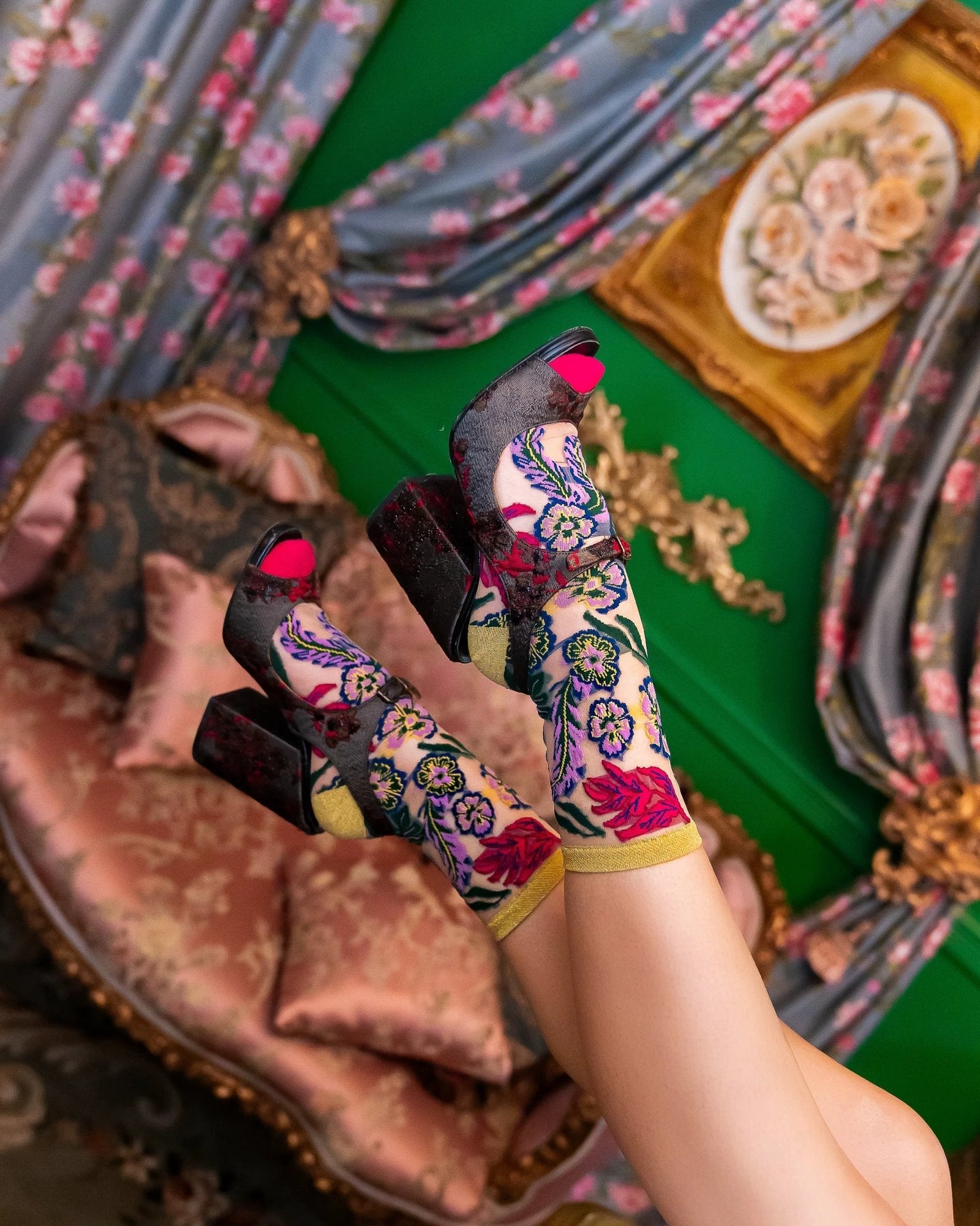 Festive Floral Sheer Crew Sock by Sock Candy