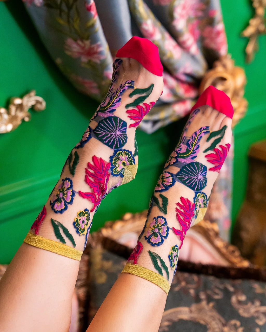 Festive Floral Sheer Crew Sock by Sock Candy