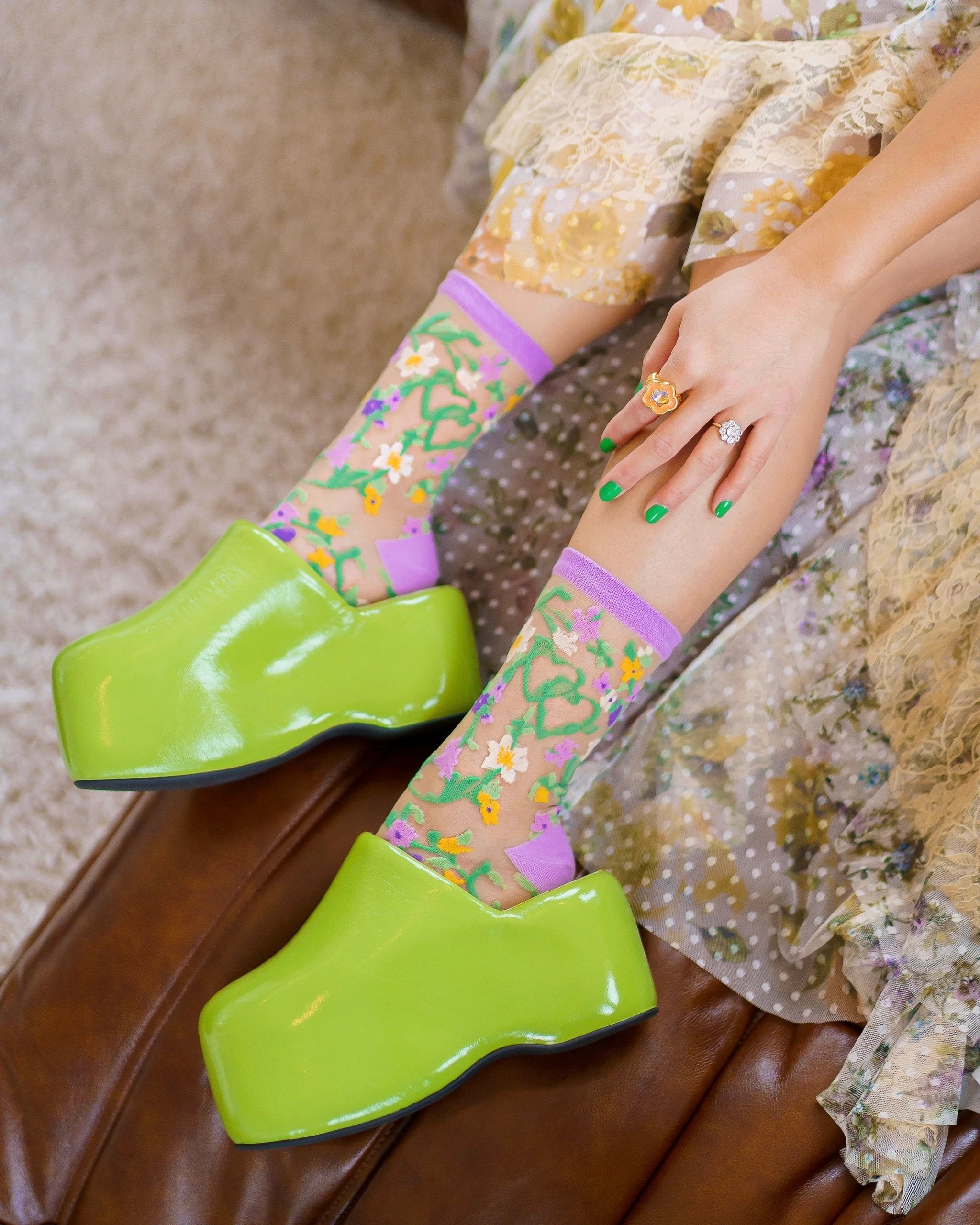 Heart Floral Sheer Crew Sock by Sock Candy