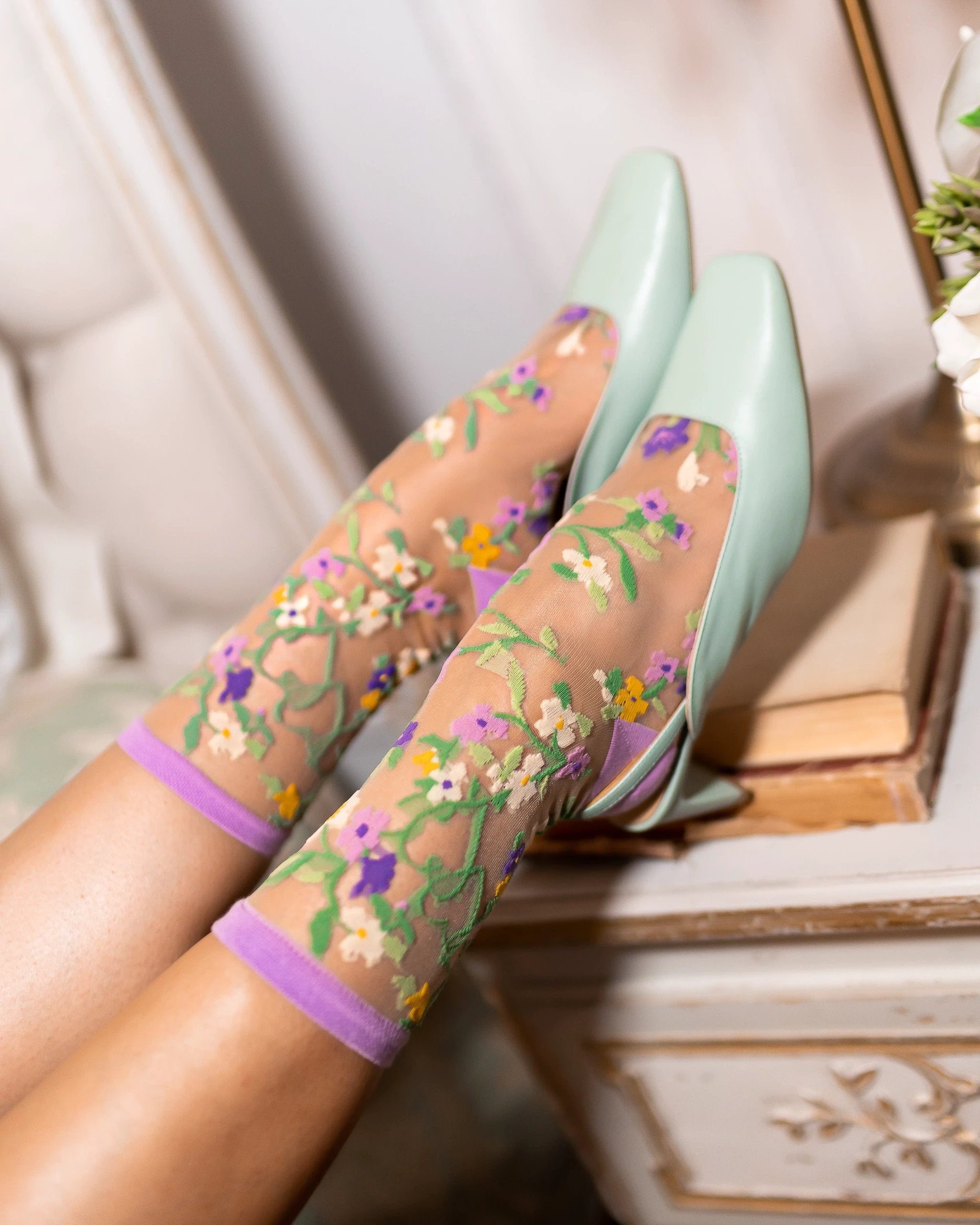 Heart Floral Sheer Crew Sock by Sock Candy