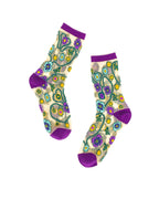 Jeweled Floral Gold Shimmer Sheer Crew Sock by Sock Candy