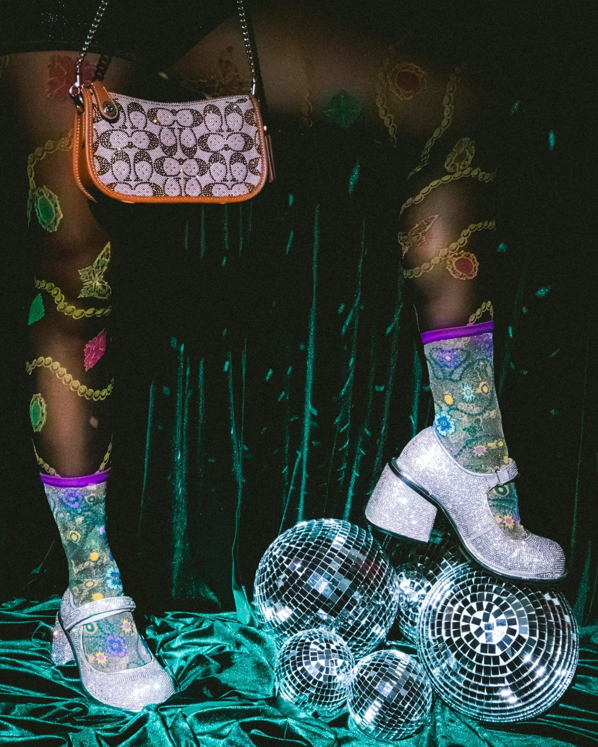 Jeweled Floral Gold Shimmer Sheer Crew Sock by Sock Candy