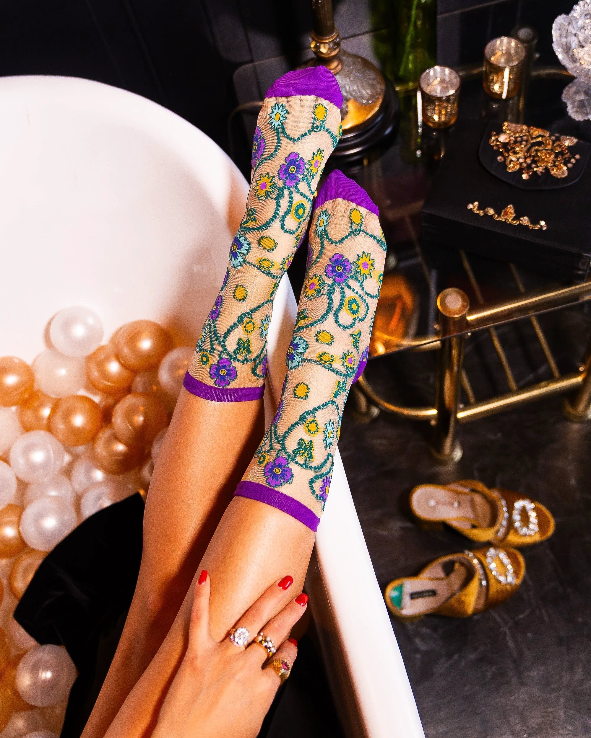 Jeweled Floral Gold Shimmer Sheer Crew Sock by Sock Candy