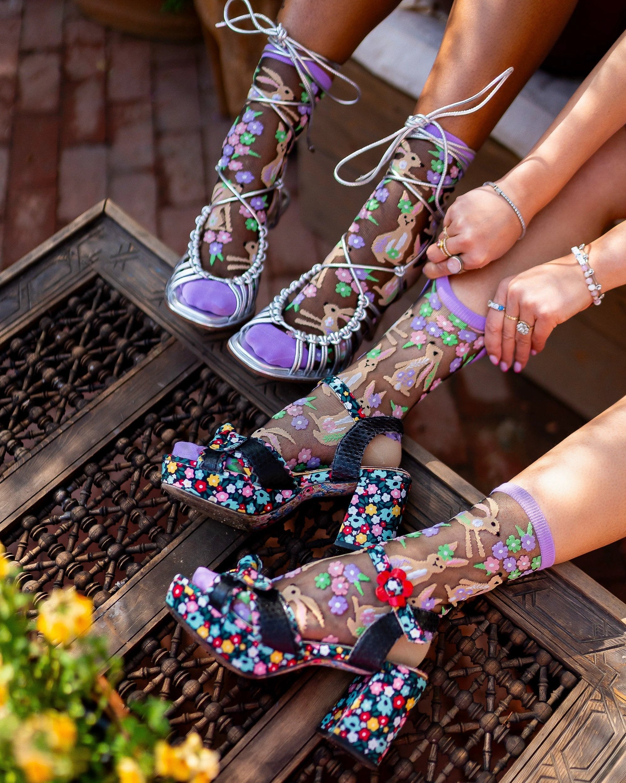 Rabbit Floral Black Sheer Crew Sock by Sock Candy