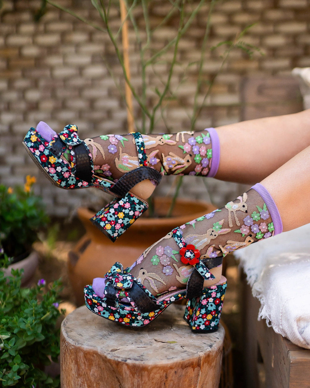 Rabbit Floral Black Sheer Crew Sock by Sock Candy