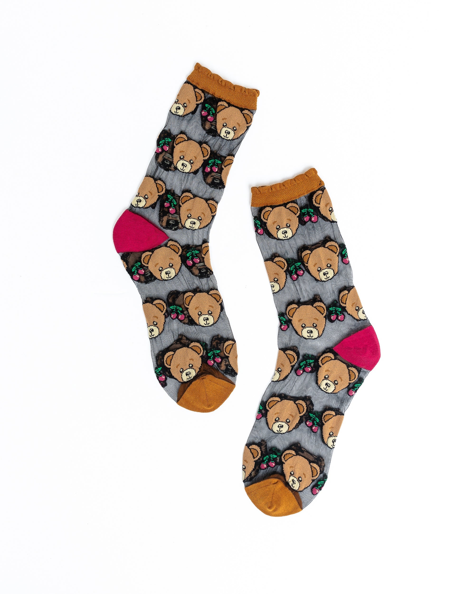 Teddy Bear Ruffle Black Sheer Crew Sock