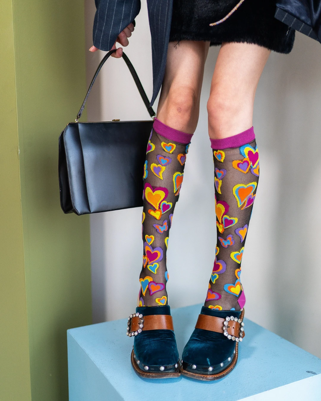 Y2K Hearts Black Sheer Knee High Sock by Sock Candy