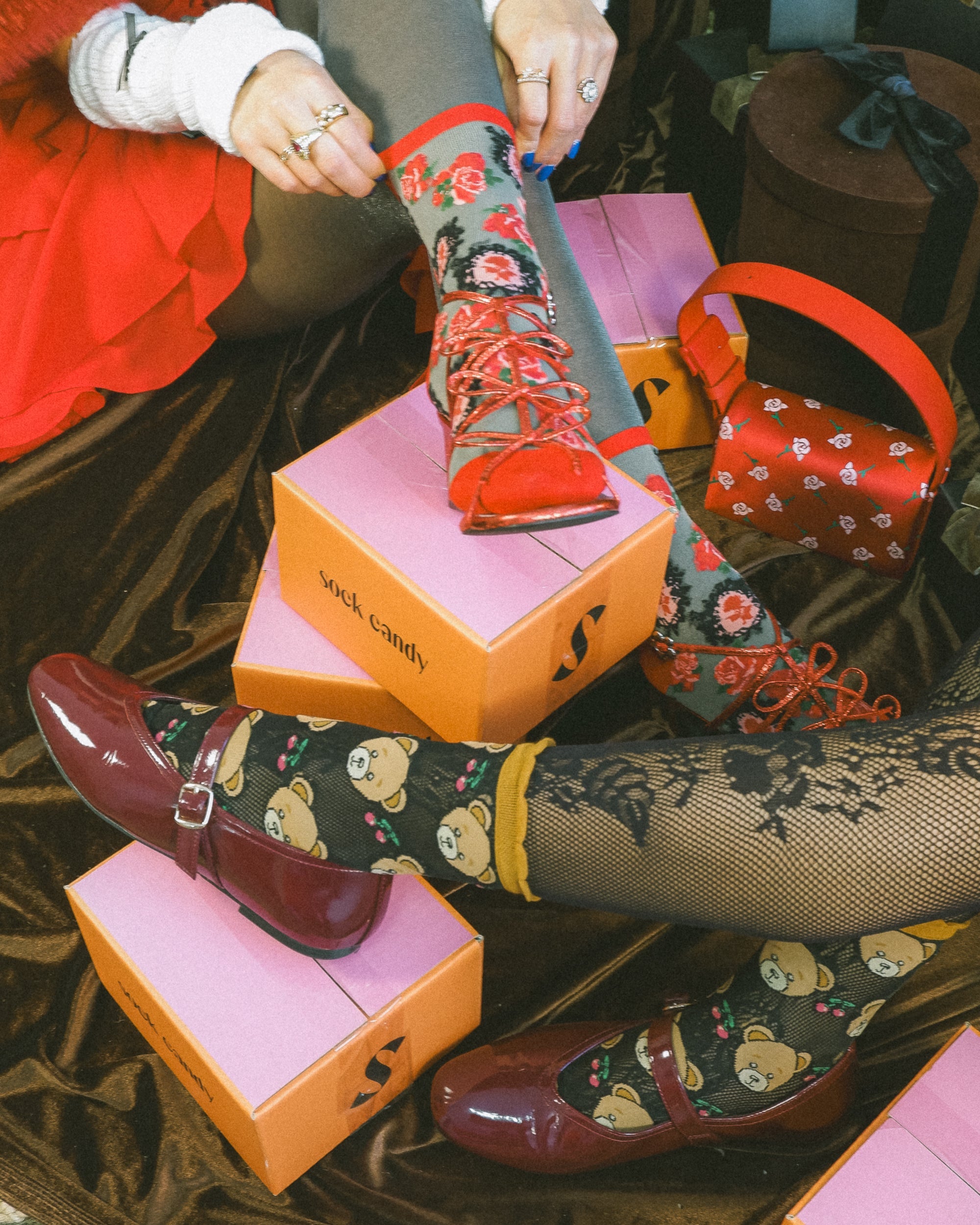 Teddy Bear Ruffle Black Sheer Crew Sock