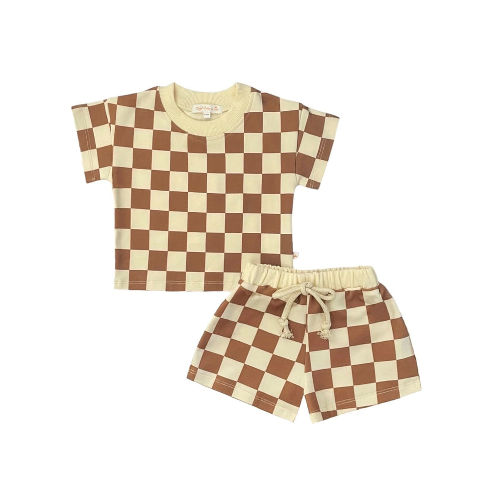 Brown Checkered Soft Touch 2pc T-Shirt & Short Set