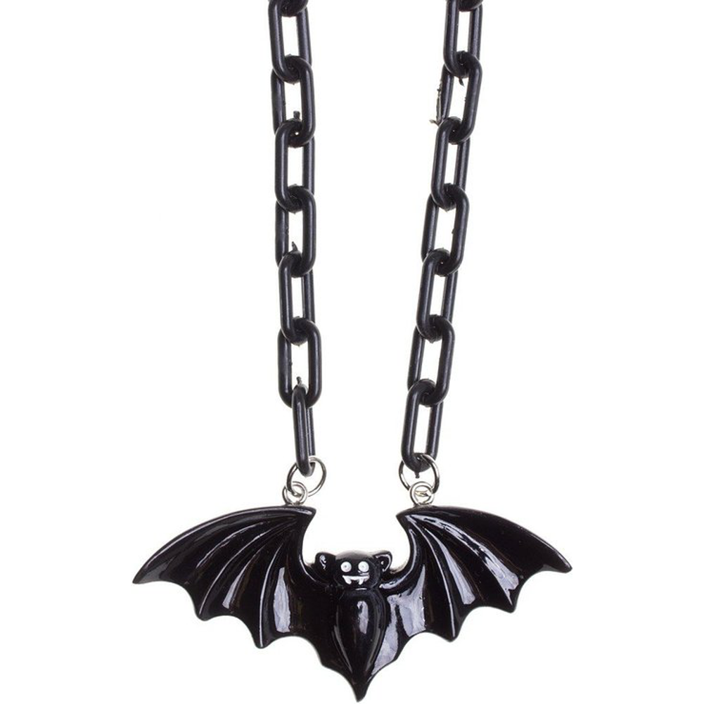 Sourpuss Smiling Vampire Bat Necklace | Chunky Chain Gothic Bat Pendant with Fang Grin