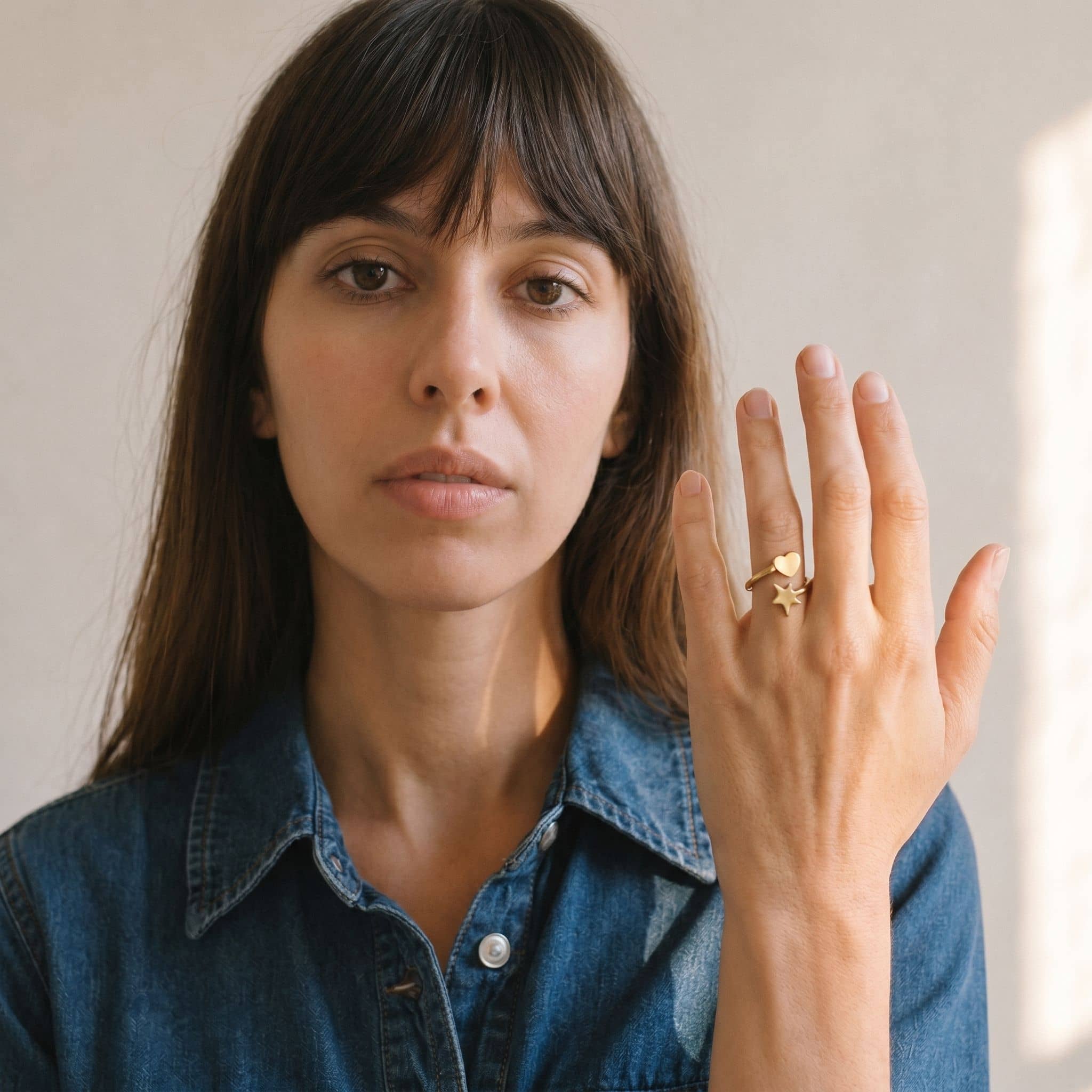 Mira Adjustable Star & Heart Wrap Ring in Brass