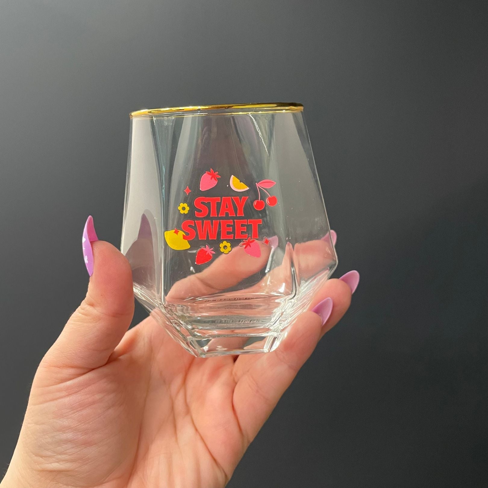 Stay Sweet Beveled Wine Glass | Hexagon Shaped Wine Stemless Glass Tumbler | 10oz