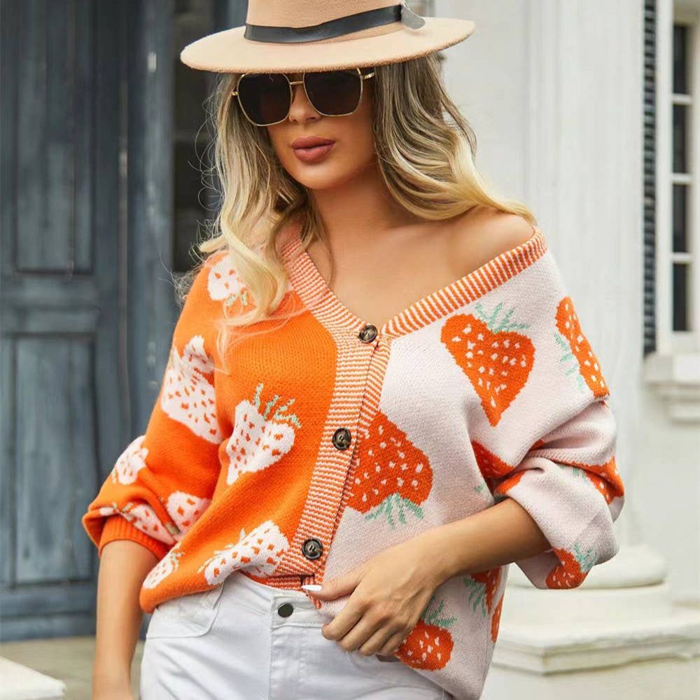 Strawberry Cardigan in Orange | Two-Tone All-Over Pattern [Available in SM-XL]