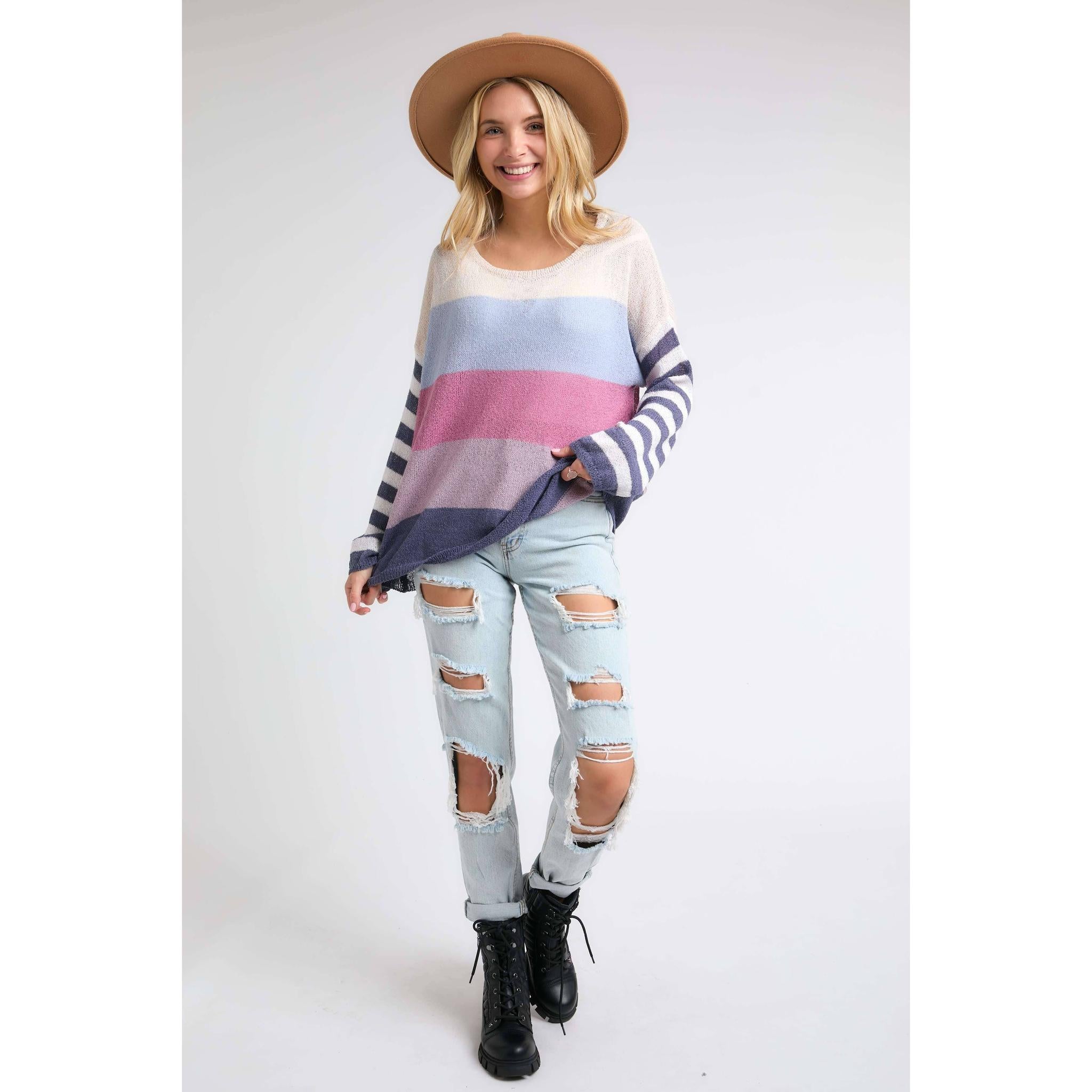 Stripe Comfy Sweater Top in Lavender Multicolor | Round Neck Knit Sweater [Sizes SM-L]