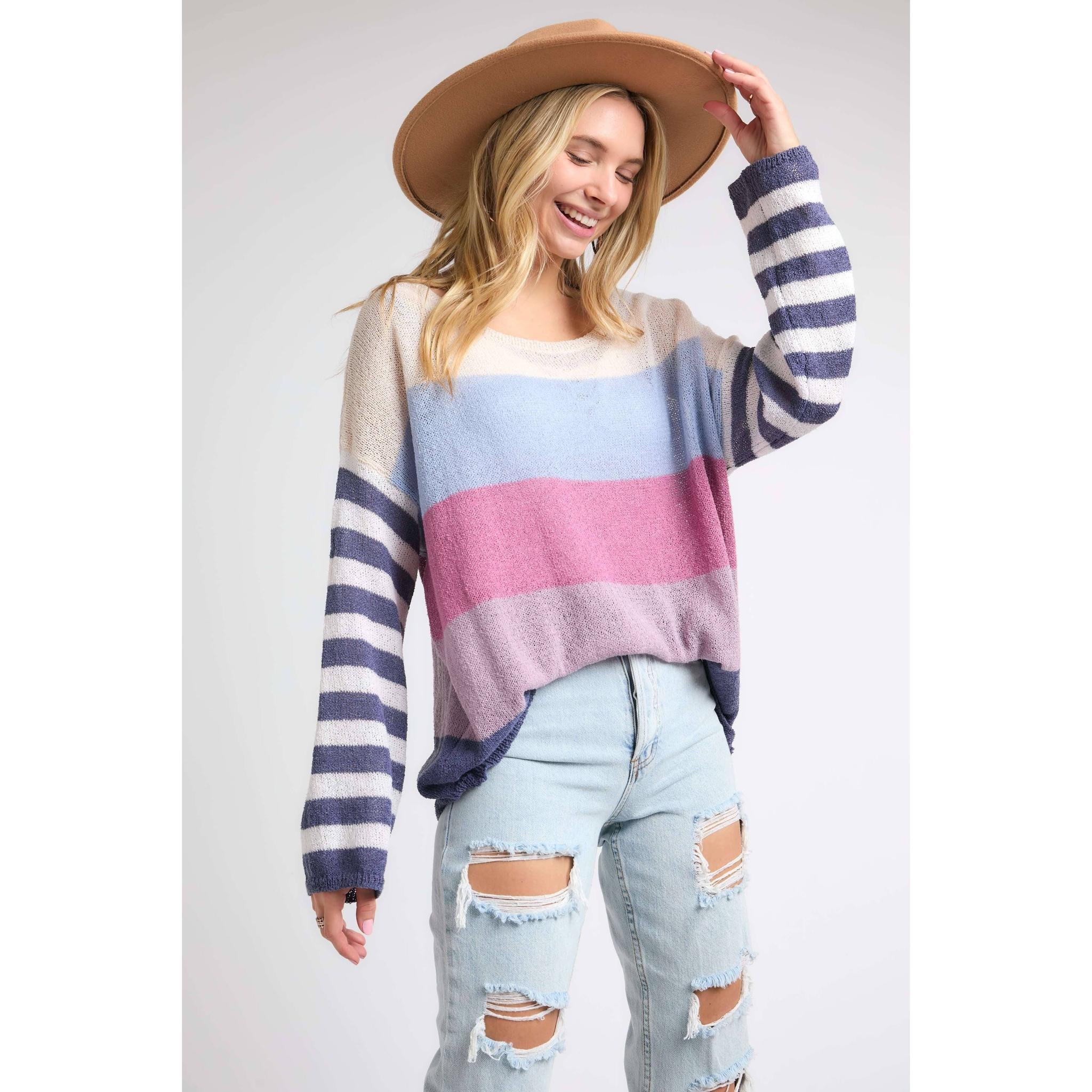 Stripe Comfy Sweater Top in Lavender Multicolor | Round Neck Knit Sweater [Sizes SM-L]